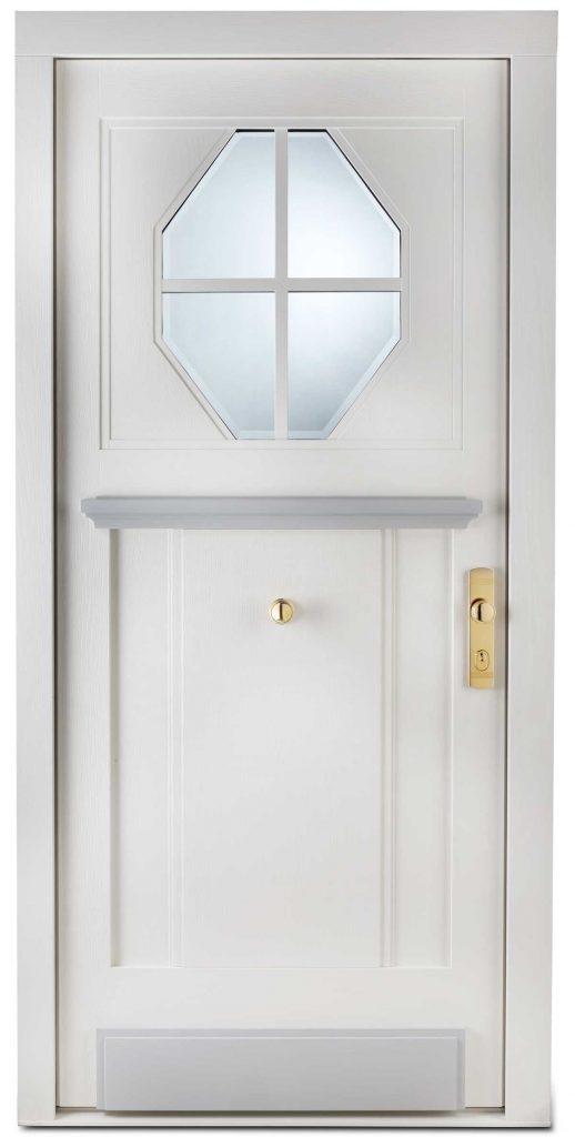 Original-Nachbau einer Tür aus den 1920er Jahren mit Sprossenverglasung und überschobener Füllung, eingelegt im Falz, in Absprache mit Denkmalschutzamt.