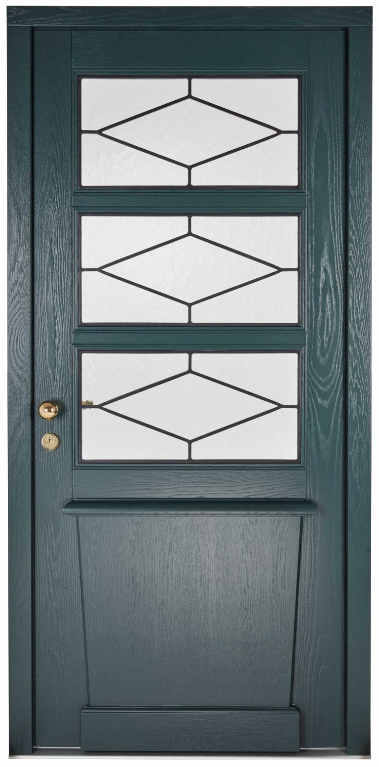 Moderne Haustür mit Gittern in Rautenform und vorgesetzter Kassette unter dem Brüstungsriegel.