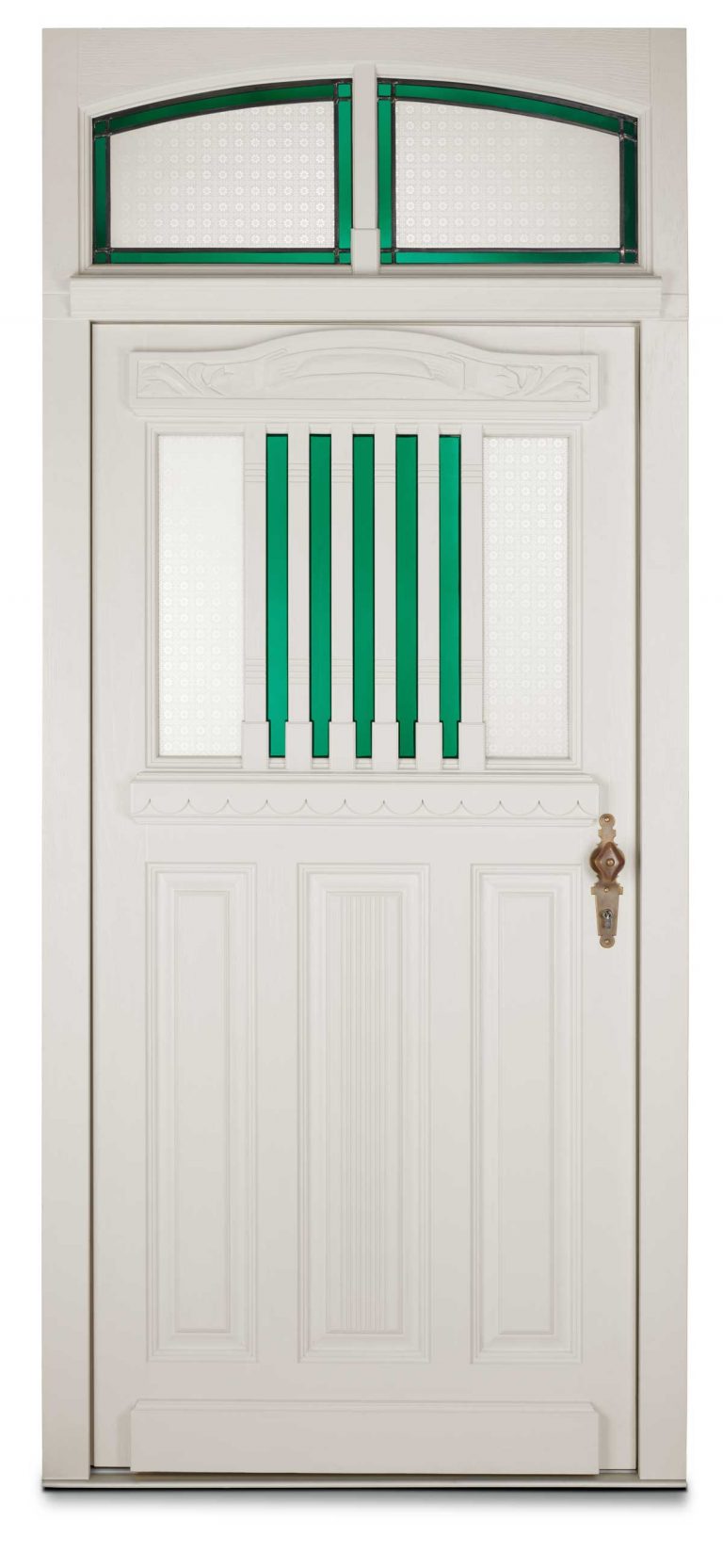 Nachbau einer vorhandenen Tür mit Oberlicht und Bleiverglasungselementen. Türblatt mit Schnitzelement im Querstück oben. Glaselement mit Sprosseneinteilung.