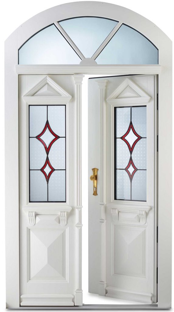 Haustür aus Holz milchglas oberlicht zweiflüglich weiß bleiverglasung