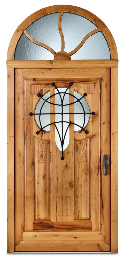 Nachbau einer historischen haustür aus Altholz mit Oberlicht und Schmiede-Detail – Jugendstil – Westerwald-Haustürenmanufaktur Löhr