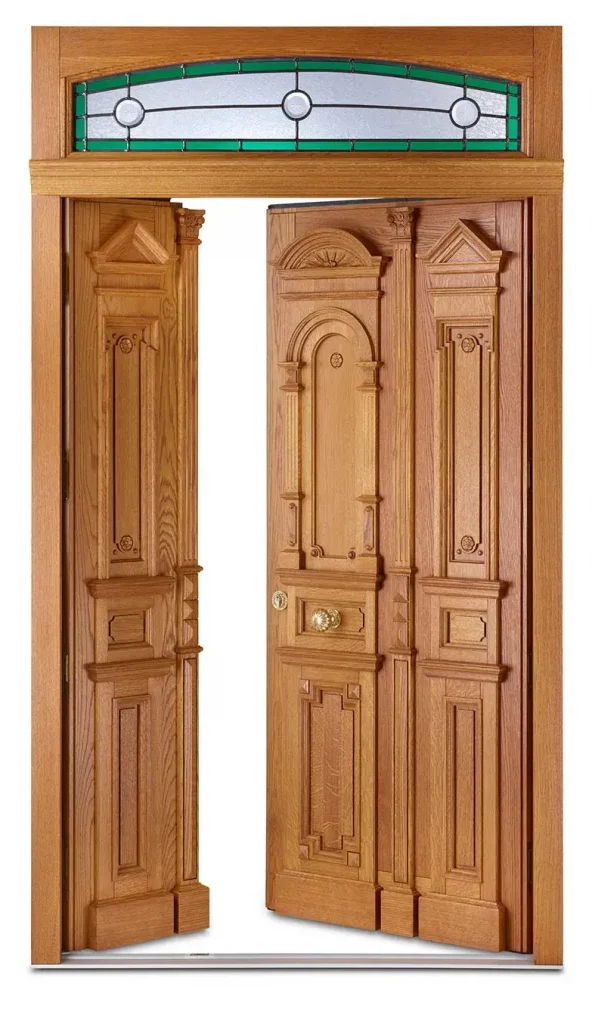 Historische Haustür aus Holz Eiche Massiv Oberlicht bleiverglasung zweiflüglig Schnitzereien geöffnet