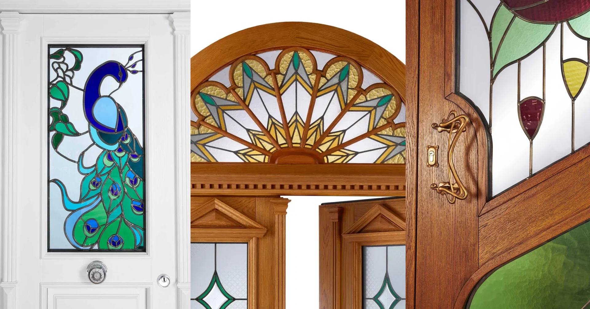 Drei Details außergewöhnlicher Haustüren: Pfau in Bleiverglasung, Fächer-Oberlicht und Jugendstil-Rose